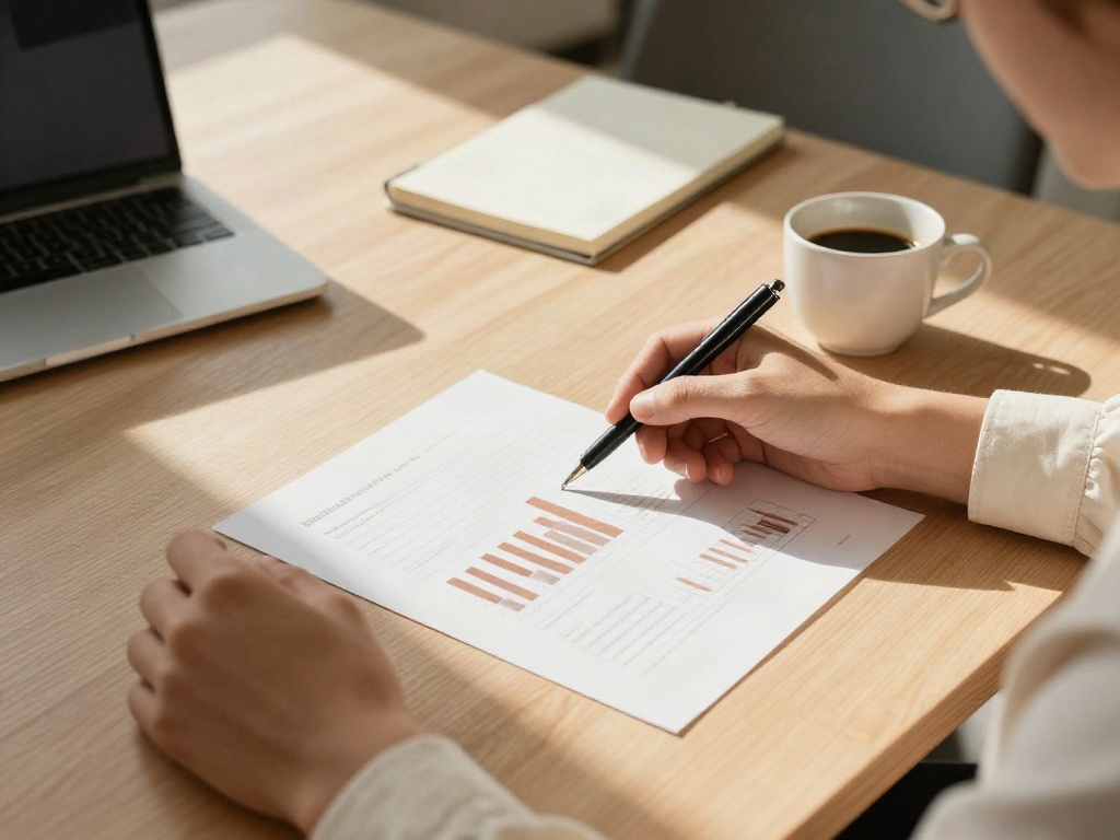 A close-up of consultants reviewing printed charts and business performance data
